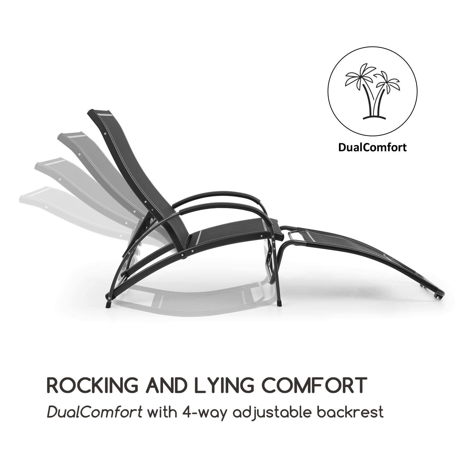 blumfeldt Beverlywood Tumbona Silla Mecedora (Hecha enteramente de Aluminio, Respaldo Regulable en 4 Posiciones, DualComfort, 70% de PVC y 30% de poliéster Comfort Mesh, Tornillos de Acero) Negro