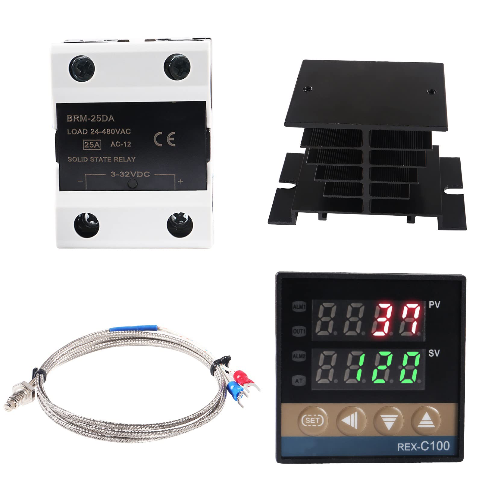 Digital PID Temperature Controller REX-C100 PID Thermostat Temperature Controller Digital REX C100 with 25DA SSR Relay K Thermocouple Probe RKC and Black Heat Sink