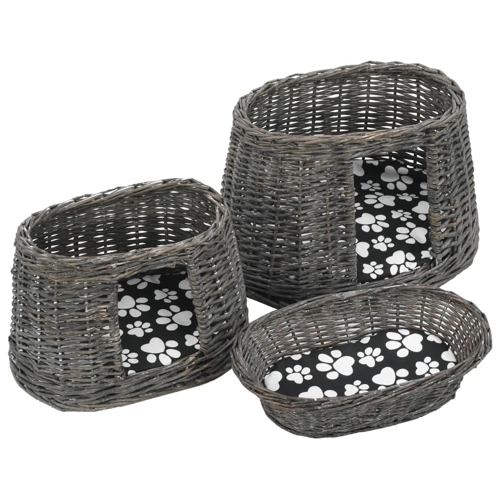 Juego de 3 cestas para gatos con cojín gris 47 x 34 x 60 cm mimbre natural, cesta para gatos, rascador, árbol trepador de sisal, muebles rascadores, cueva, nido interior para adultos, gatos y