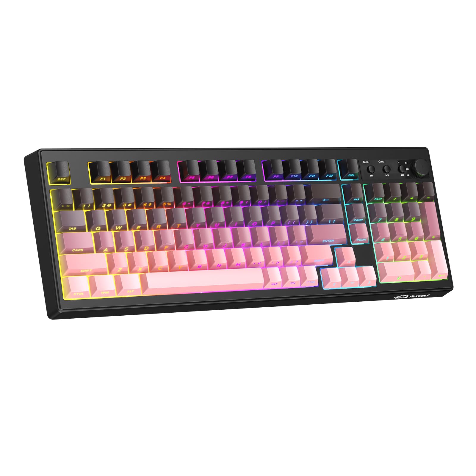 ZIYOU LANG K100 Tastiera Gaming Wireless, Tripla Modalità (BT/2.4G/Cavo) Tastiera a Membrana con Manopola, 102 Tasti PBT Gradiente, 4000mAh, RGB Backlit, Compatibile con PC/Mac e Altro -Mora