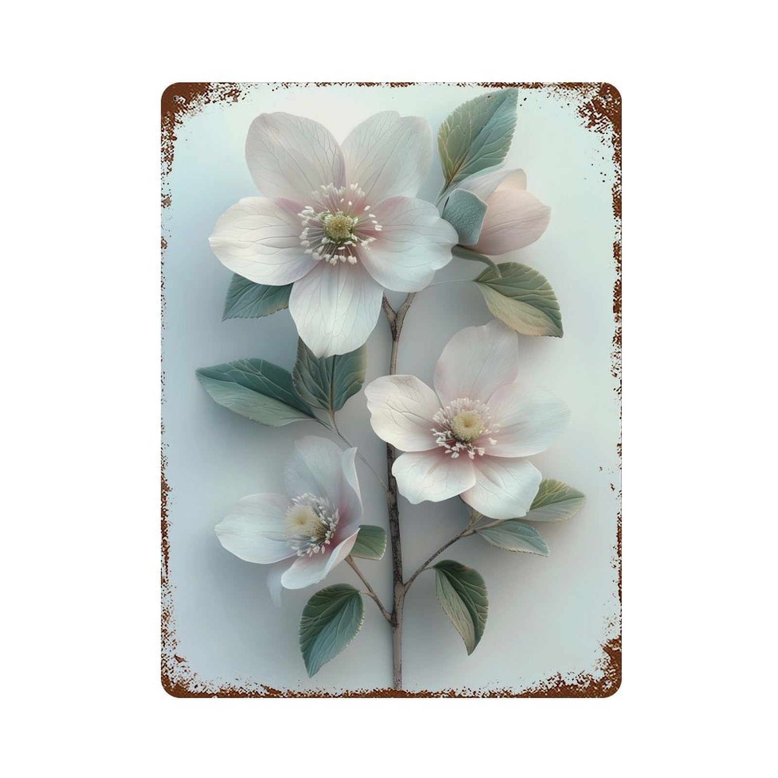 White Flowers 15.7"x11.8" Rust Effect Tin Sign, Industrial Home Decor for Living Room, Hallway And Home Decor