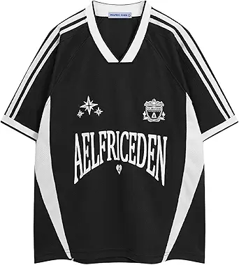 Aelfric Eden Jersey Shirts Women Oversized Mesh V Neck Graphic Tees Y2k Color Block Short Sleeve T Shirt Tops