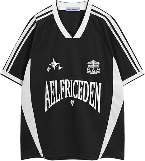 Aelfric Eden Jersey Shirts Women Oversized Mesh V Neck Graphic Tees Y2k Color Block Short Sleeve T Shirt Tops