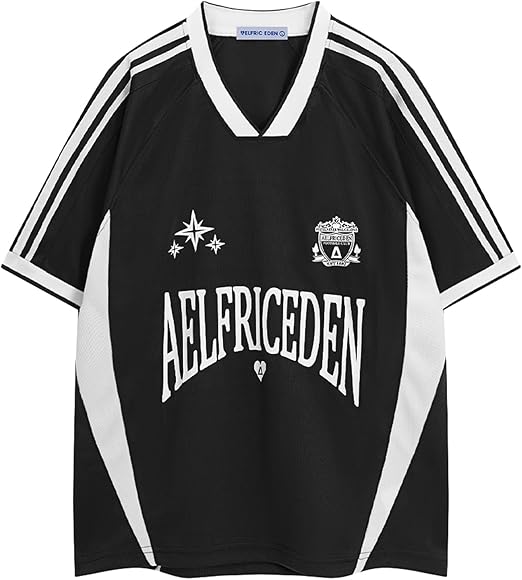 Aelfric Eden Jersey Shirts Women Oversized Mesh V Neck Graphic Tees Y2k Color Block Short Sleeve T Shirt Tops