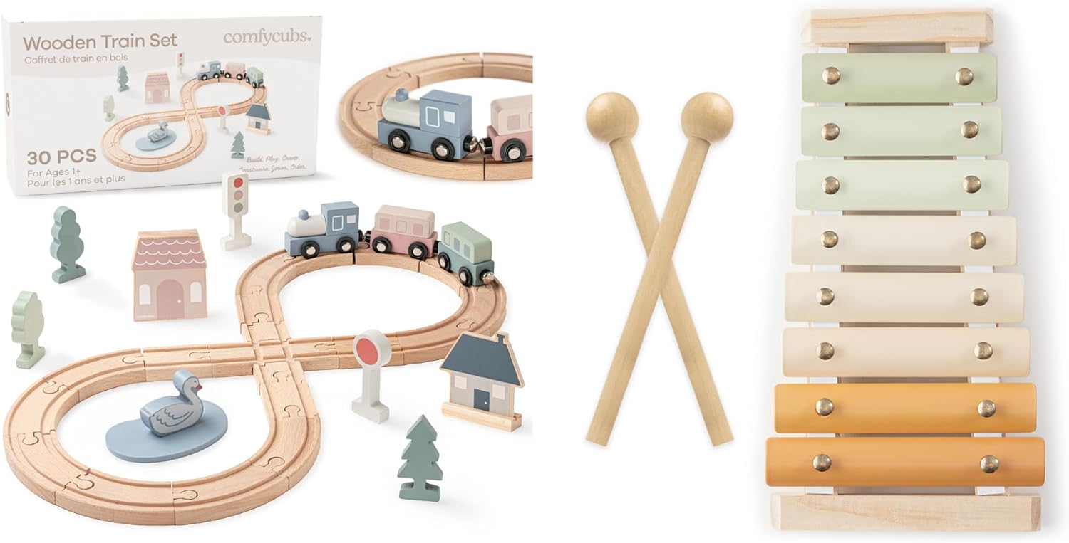30-Piece Wooden Train Set and Xylophone Bundled by Comfy Cubs