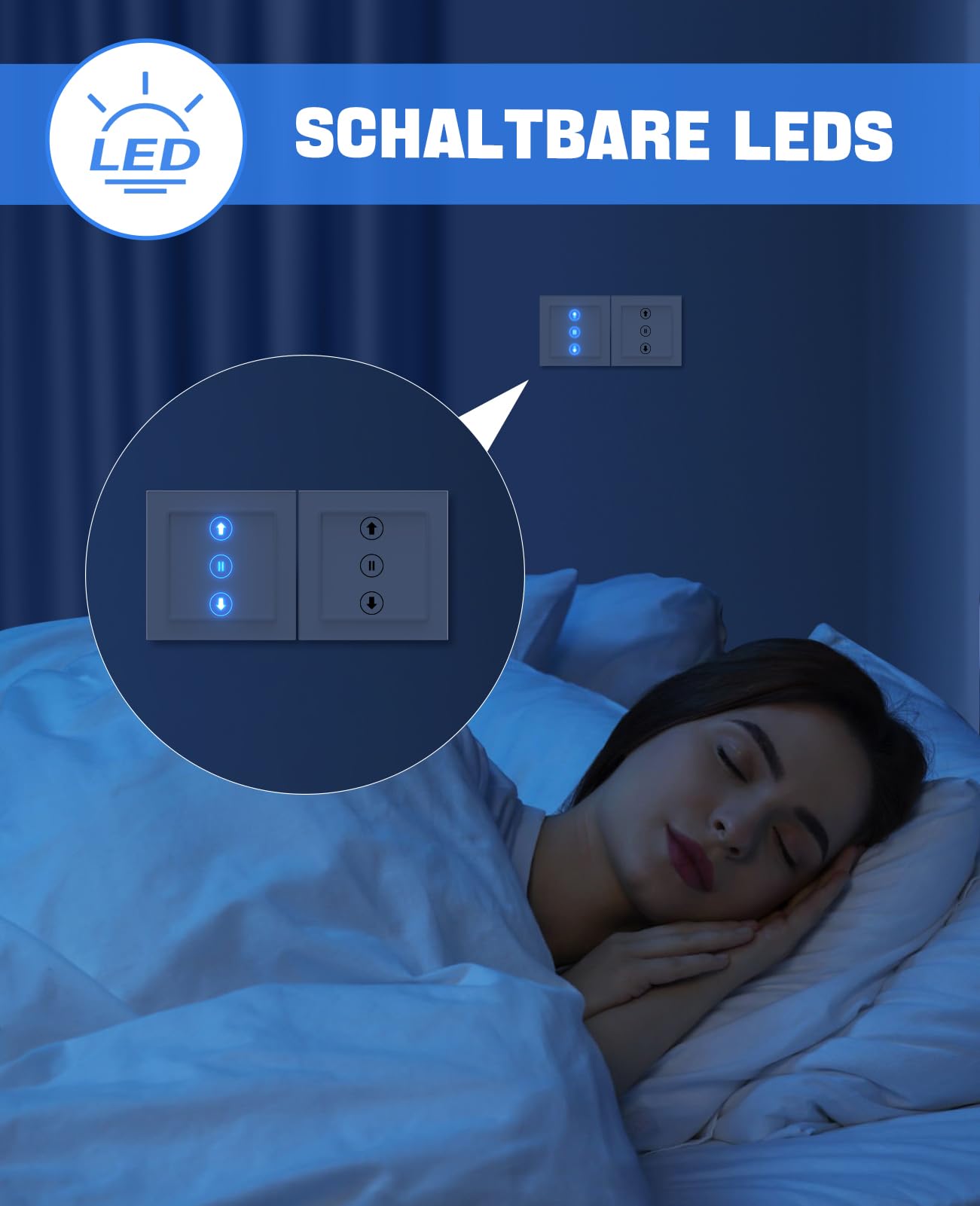 Smart Rolladenschalter, Wlan Jalousie Schalter mit schaltbaren LEDs, Kompatibel mit Amazon Alexa/Google Assistant, Neutralleiter erforderlich 80x80 mm