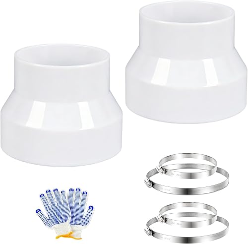 2 Set 4 to 3 inch Duct Reducer Adapter, Air Duct Reducer Increaser with 304 Stainless Steel Hose Clamps, HAVC Pipe Connector for Inline Ventilation Fitting System (4 to 3 Inch), White