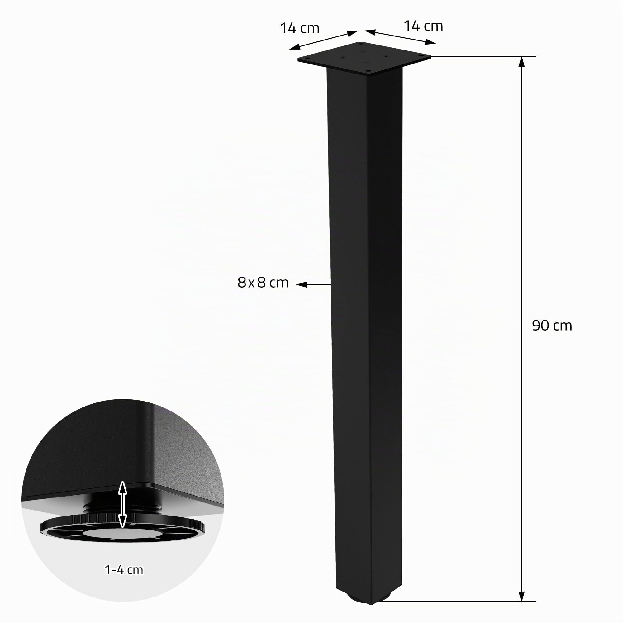 ML-Design 4er Set Tischbeine I-Design 90 cm, Schwarz, Tischgestell aus Metall, pulverbeschichteter Stahl mit Profil 8x8 cm, höhenverstellbare Möbelfüße für Schreibtisch, Konsolentisch & Arbeitstisch