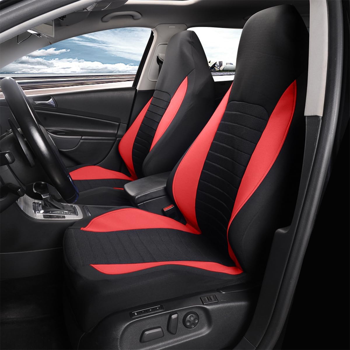 Car Front Seat Covers, 2PCS Airbag Compatible Vehicle Front Seat Protector, Anti Slip Automotive Interior Chair Covers Cushion, Universal for SUV Automobile Lorry (Red)