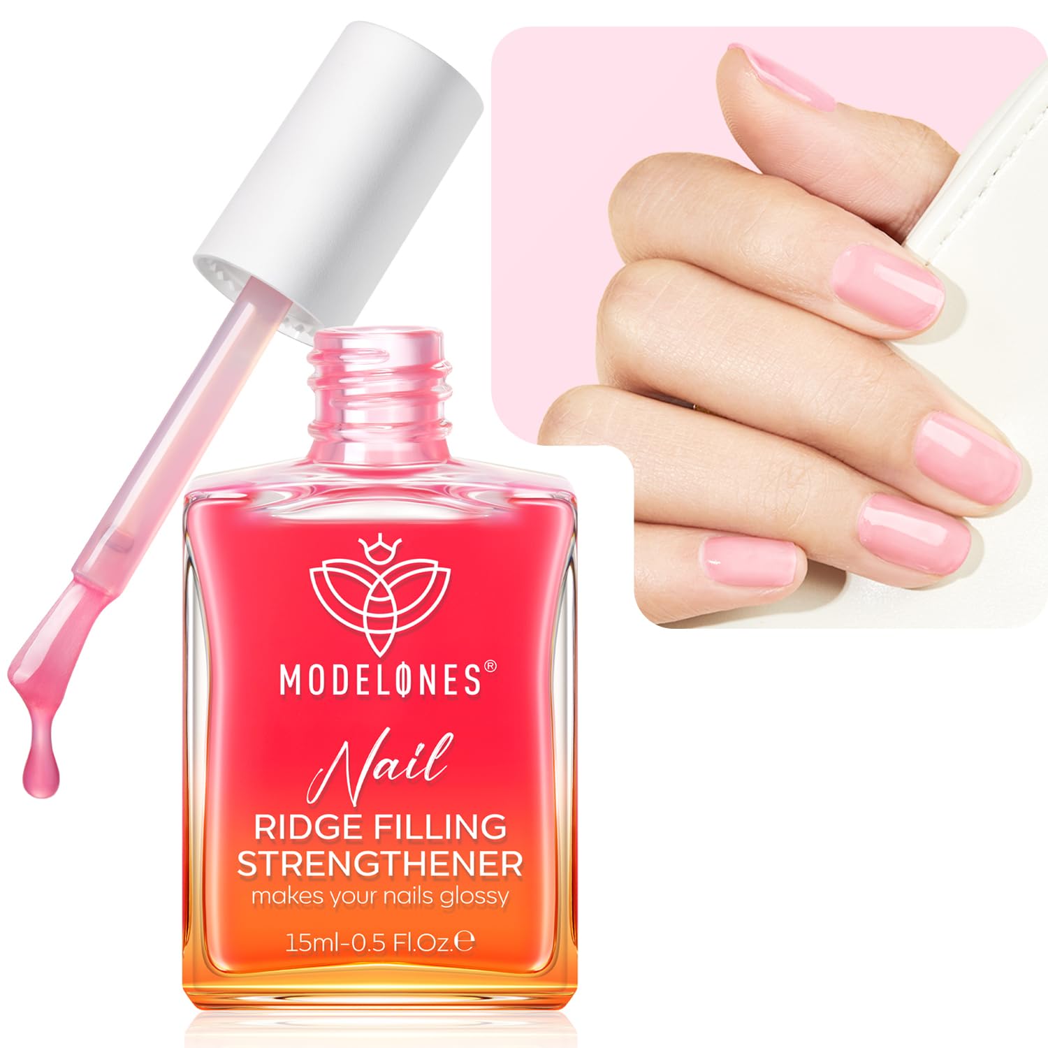 Modelones Nail Care 8 in one Ridge Filling Strengthener Treatment, Nail Polish Strengthener for Damaged and Weak Nails, Nail Hardener Extra Strong and Growth Smoothing Base Coat Rose Pink Varnish 15ml