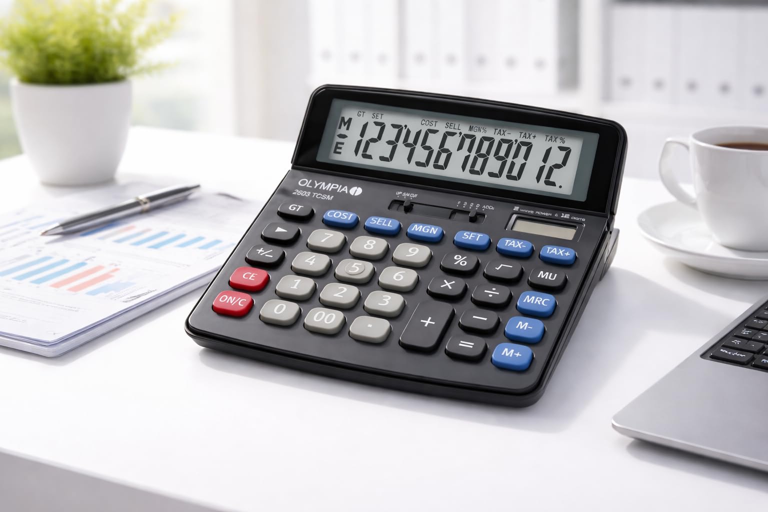 OLYMPIA 2504 TCSM Tischrechner 12-stellig – Finanzrechner mit Solar & Batterie, Tax, Cost Sell Margin, Euro-Umrechnung, Großes Display, Büro Rechner Schwarz Blau Grau