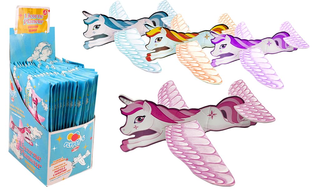 FLYPOP'S - Paquete de 48 planeadores de Unicornio - Juego de Feria - 131015PA - Multicolor - Cartón - Juguete para niños - Regalo - Avión - Cumpleaños - Retro - 18 cm - A Partir de 3 años
