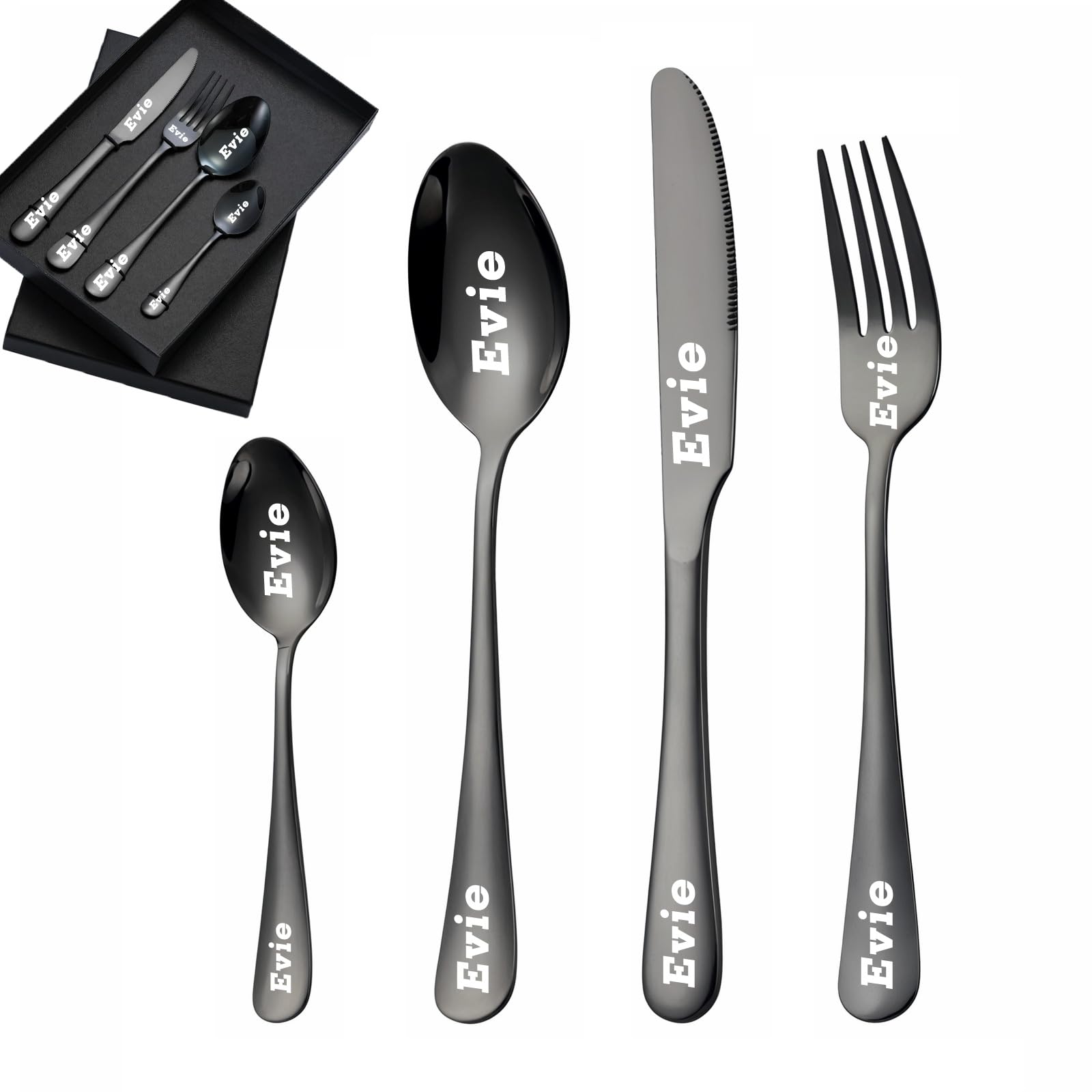 custyoulife Custom Engraved Cutlery Set, 1 Set of 4 Pieces, Stainless Steel, Personalized Adult Cutlery Set, Fork, Knife, Spoon and Teaspoon (Black) — image 1