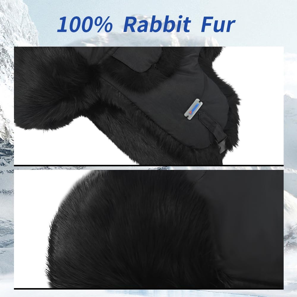 Winter Trapper Hat,100% Rabbit Fur Russian Ushanka Aviator Hunting Ski Hat Winter Hat with Ear Flaps