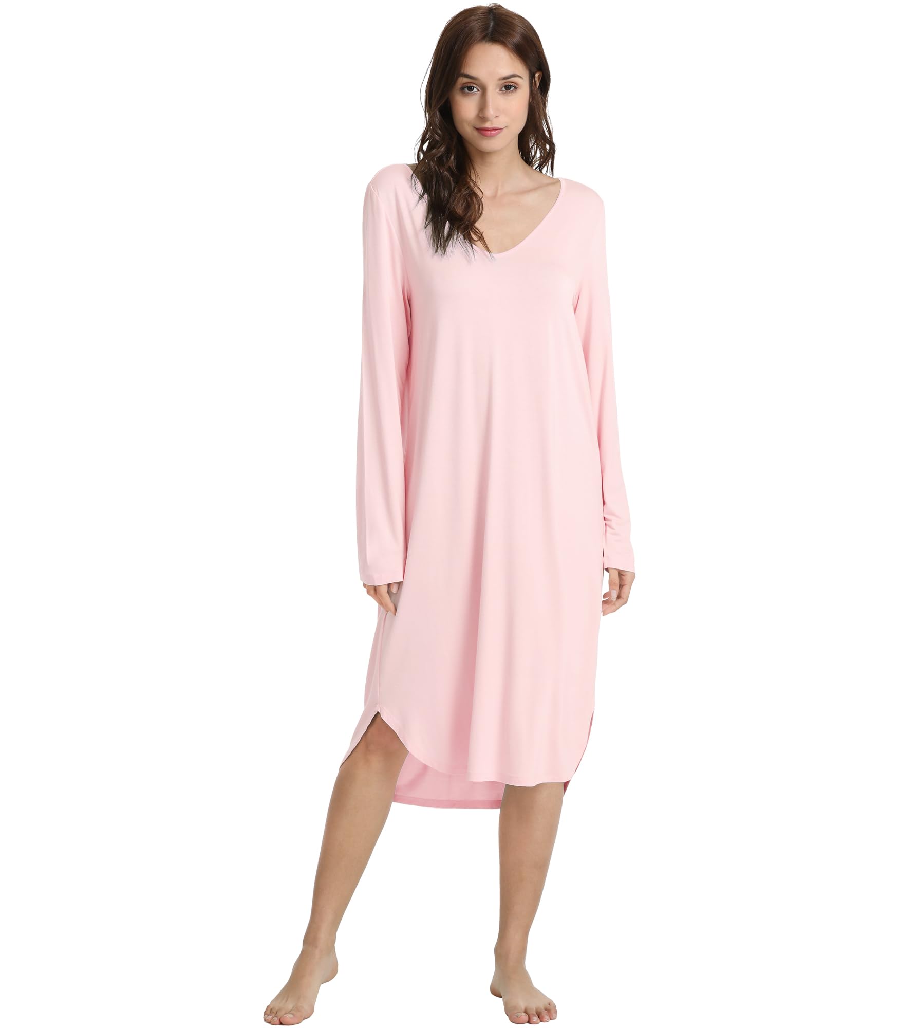 NACHILA Nightgowns for Women-Viscose Made from Bamboo Long Sleeve Sleep Shirt Soft Nightshirts V Neck Sleepdress