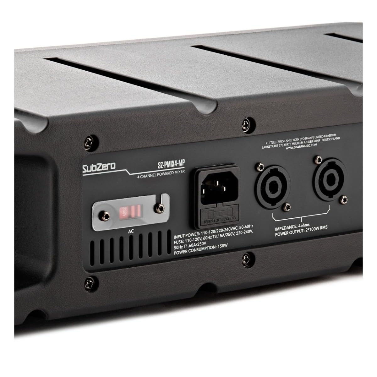 Ampli mélangeur de sonorisation 4 canaux SubZero avec lecteur multimédia Bluetooth | 175W en crête, delay FX et égaliseur 2 bandes par canal, lecture USB/SD/Bluetooth, entrée/sortie ligne RCA
