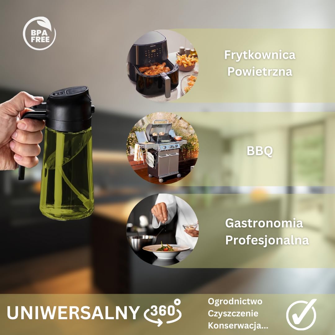 2-w-1 Spray i Dozownik Oleju – 470ml | Ciemnozielone Szkło z Ochroną UV przed Słońcem | Butelka Antykapiąca na Oliwę do Kuchni, Grilla, Frytkownicy, Zdrowe Gotowanie, Świeżość Smaku