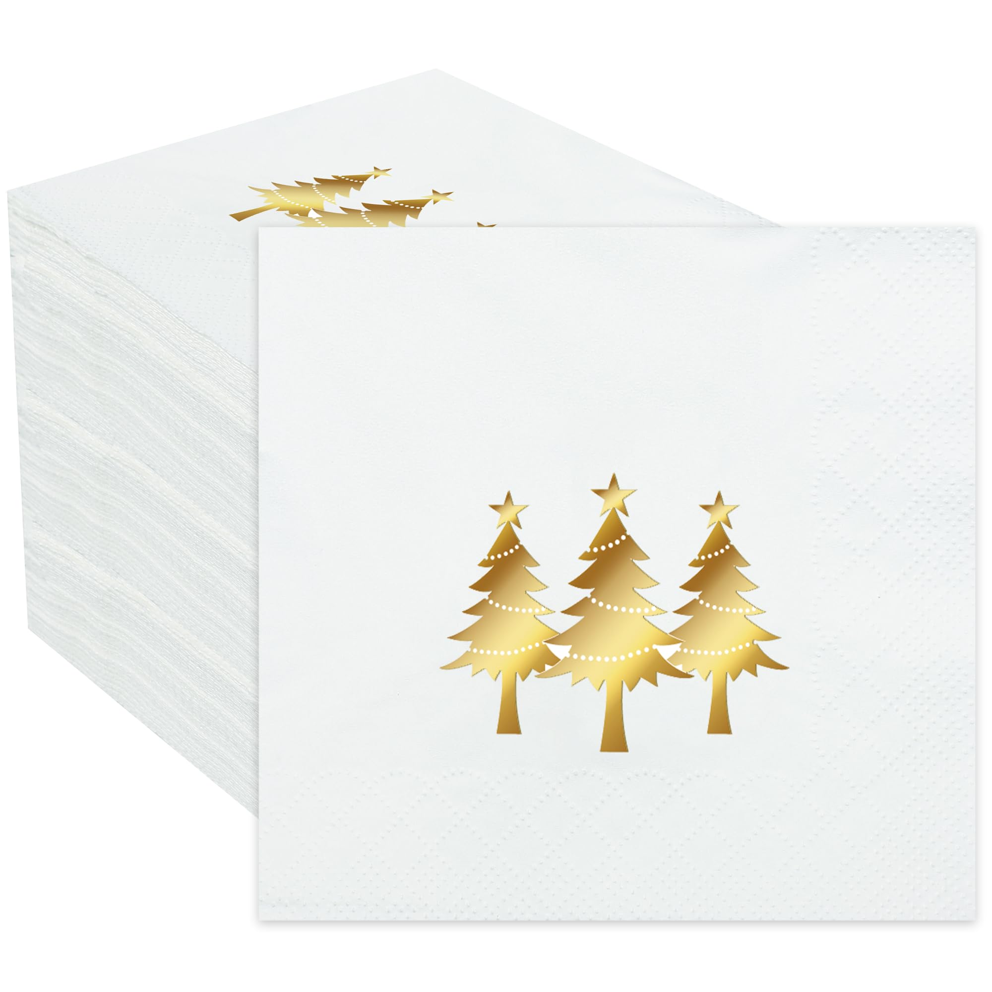100 servilletas de cóctel de Navidad, servilletas de papel de aluminio dorado, servilletas desechables de árbol de Navidad, servilletas de 3 capas blancas y doradas para Navidad, vacaciones, cocina,