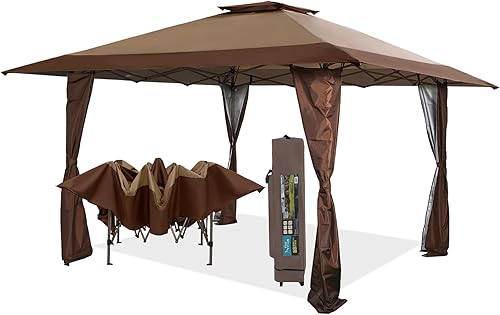 PHI VILLA Toldo de glorieta con bloqueo UV de 13 x 13 pies con kit de herramientas, sombra para patio al aire libre, jardín, eventos, color marrón