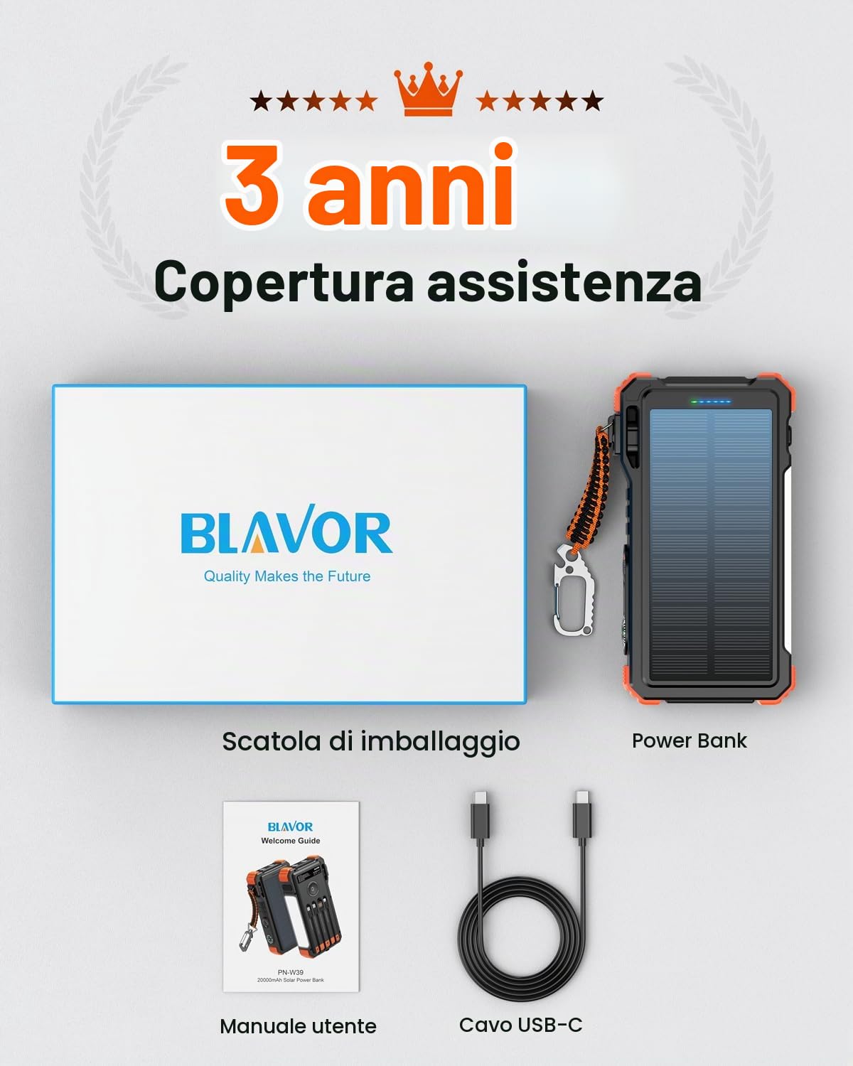 Caricabatterie Solare 20000mAh, 20W Ricarica Rapida Batteria Esterna Portatile USB C Impermeabile Power Bank con Cavi Incorporati, Luce da Campeggio, Torcia, Ricarica Wireless per Apple Watch