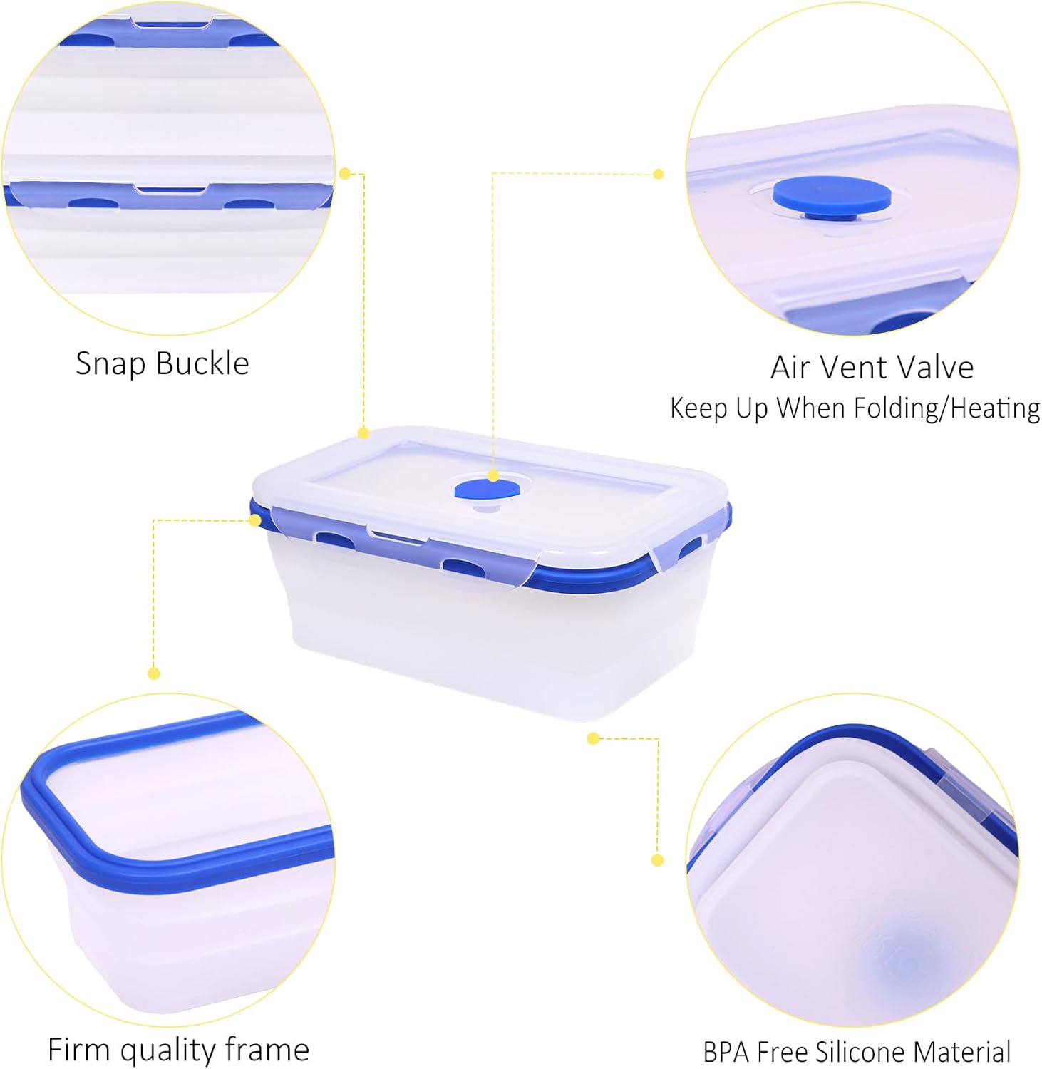 5 Pack Translucent Collapsible Silicone Food Storage Containers with Leak-Resistant Lids, 27oz Bento Lunch Box, microwave, dishwasher, freezer safe, BPA Free