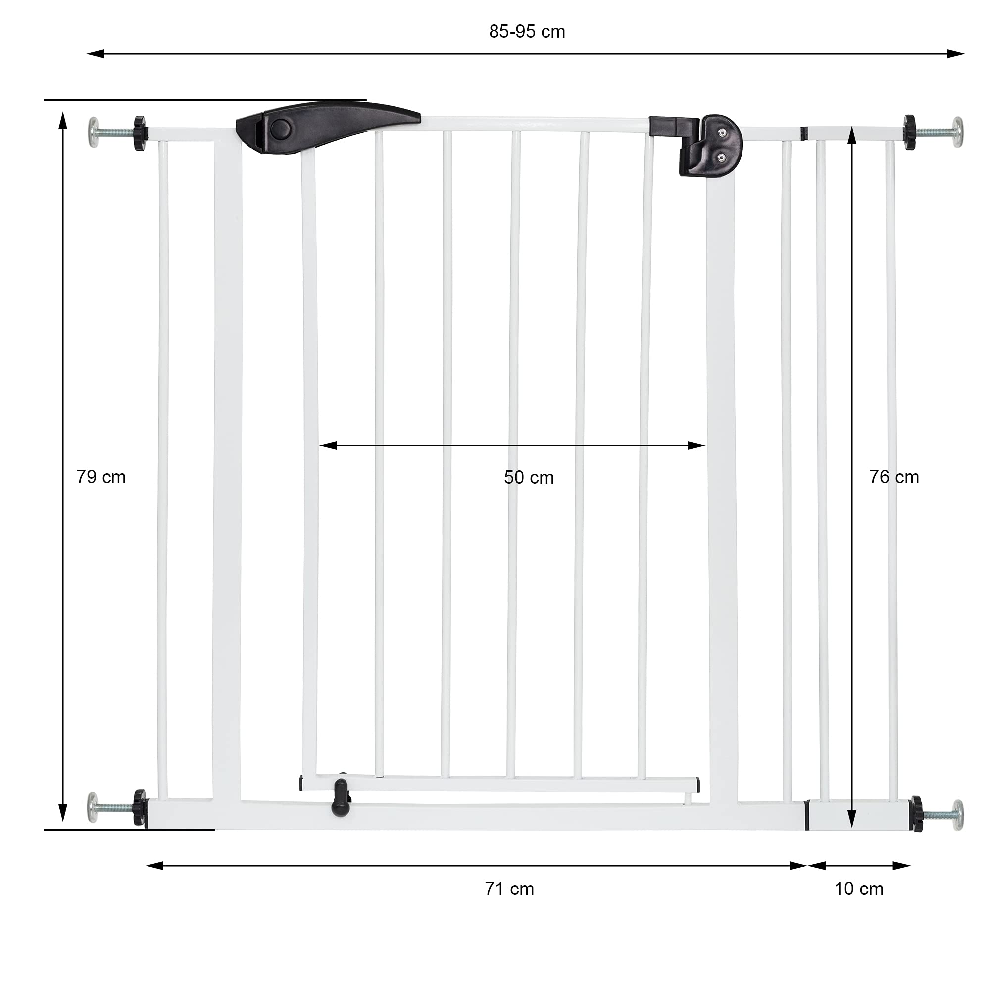 ECD Germany Barrera de Seguridad para Niños, Perros y Gatos 85-95 cm Incl. 10cm de Extensión Protector de Puerta Metálico Blanco Giratoria Ambos Lados Sistema de Cierre Automático para Escaleras