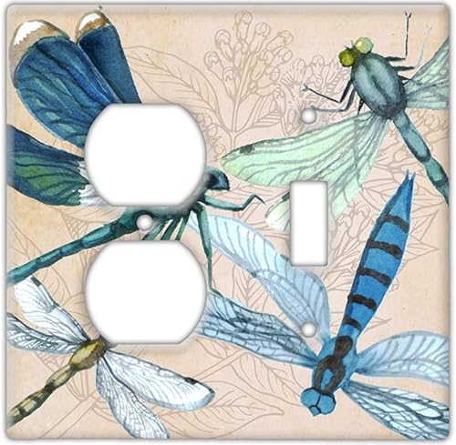 Decorative Wall Switch Cover Plate - Dragonflies in Watercolor Decor Switch Plate - Colorful Illustration With Lots of Blues and Beiges, Greens and