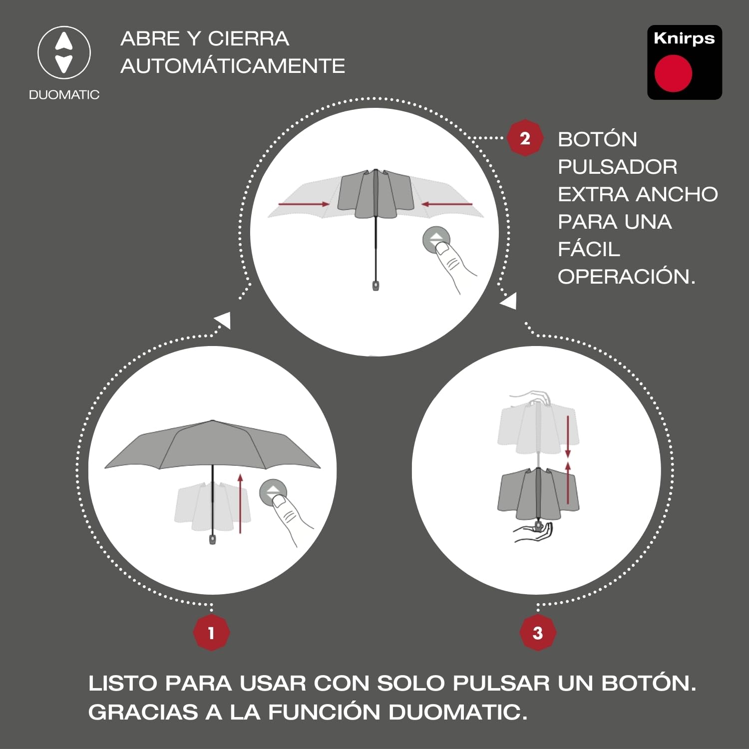 Knirps C.250 Paraguas Light de bolsillo, con función Duomatic, Gris oscuro, con bolsa, apertura y cierre automáticos, de bolsillo con pulsador, ligero