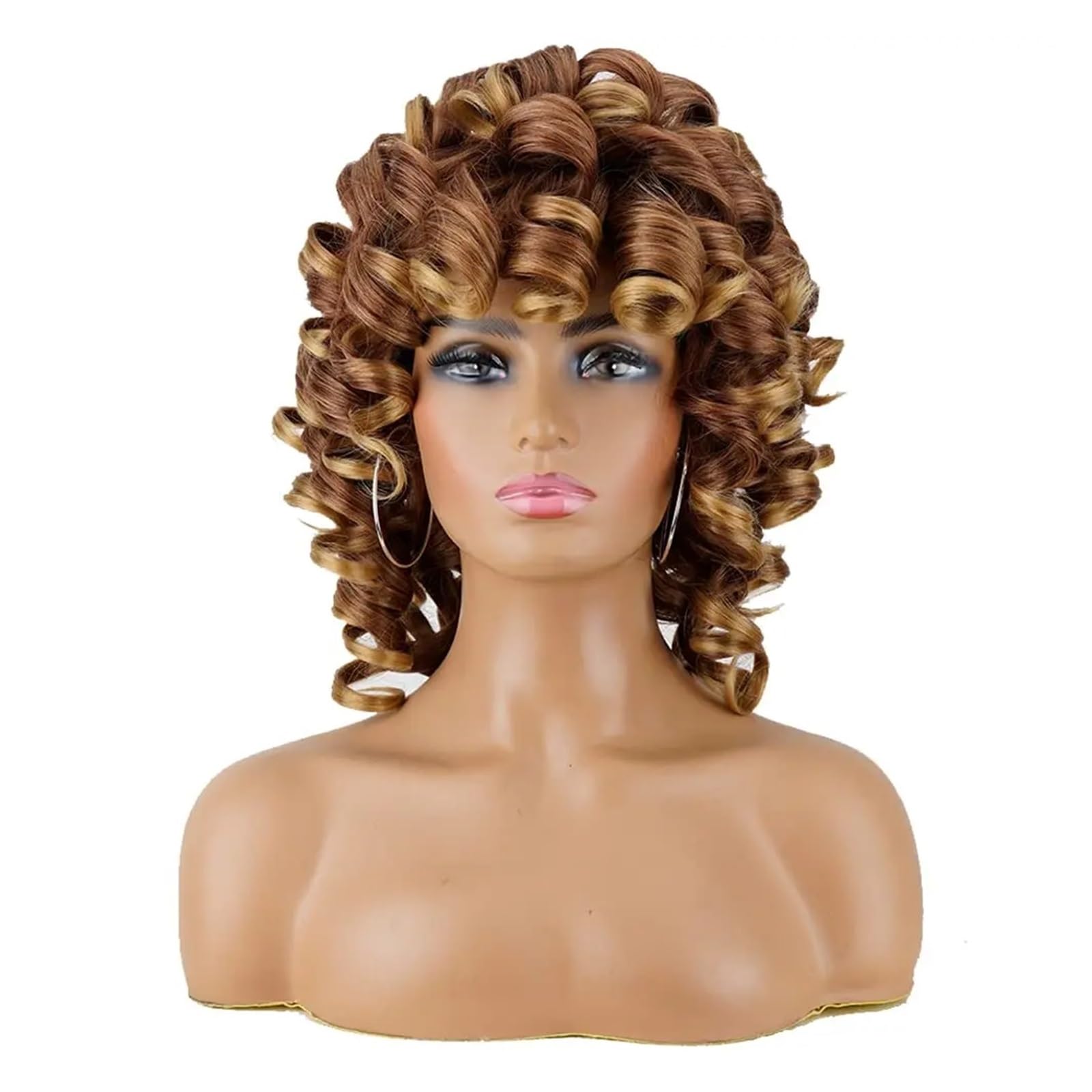 1 Stück Schwarze Kurze lockige Perücke, weich, braun, blond, große Locken mit Pony, lockiges Haar, hitzebeständig, for Damen, täglich, synthetische