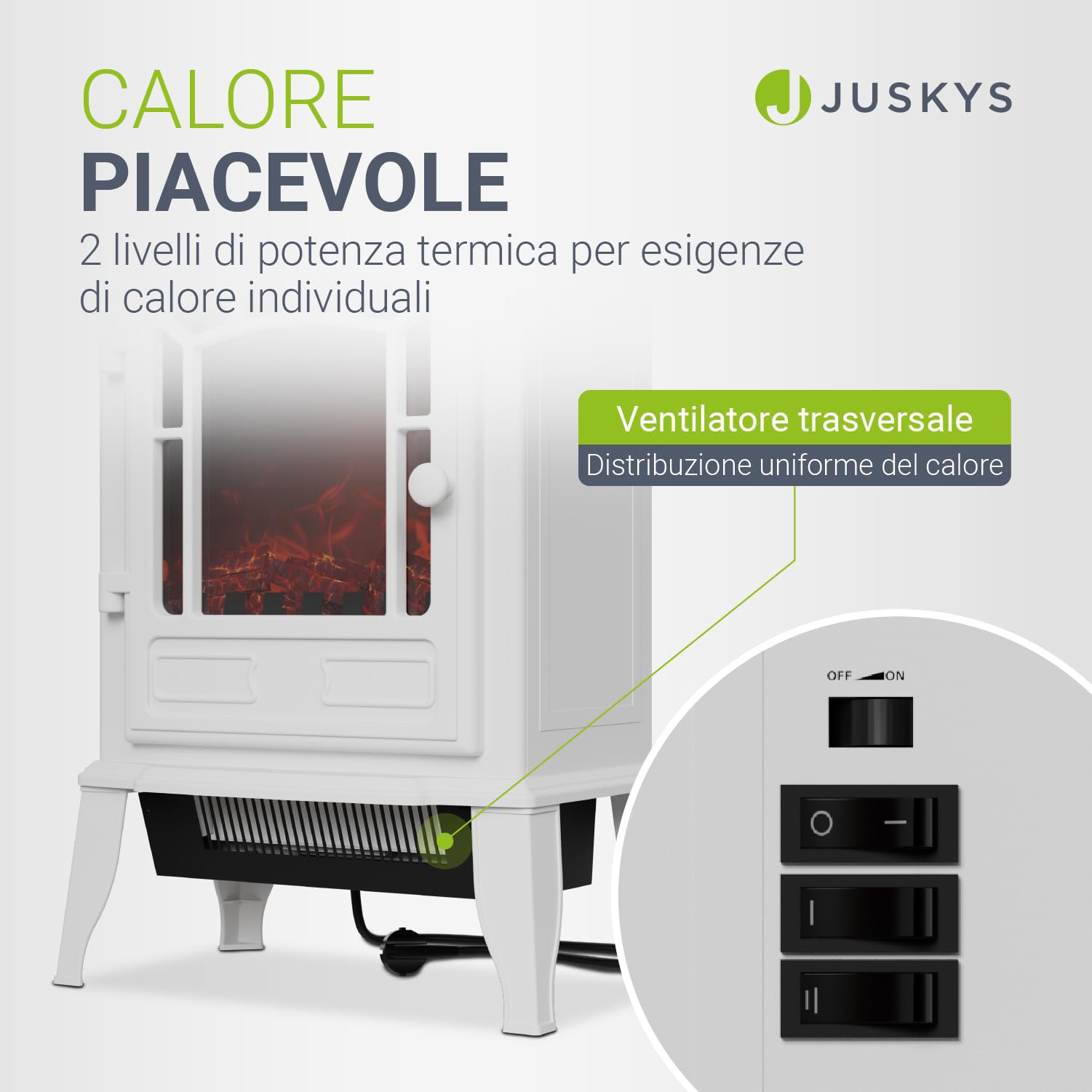 Juskys Camino elettrico 2000 W – Bianco, caminetto autoportante con effetto fiamma, 2 livelli di calore, termostato e spegnimento di sicurezza per il soggiorno