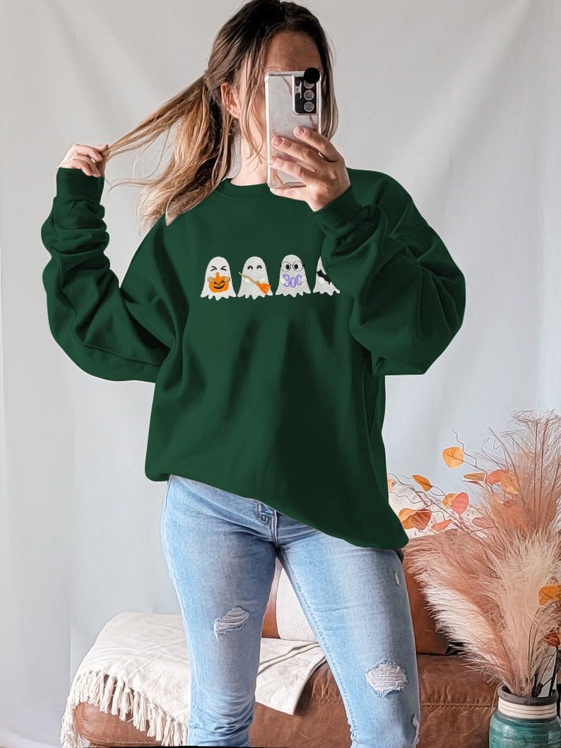 Halloween Sweatshirts for Women Halloween Ghost Long Sleeve Shirt Crew Neck Embroidered Spooky Season Pullover Tops - Image 4