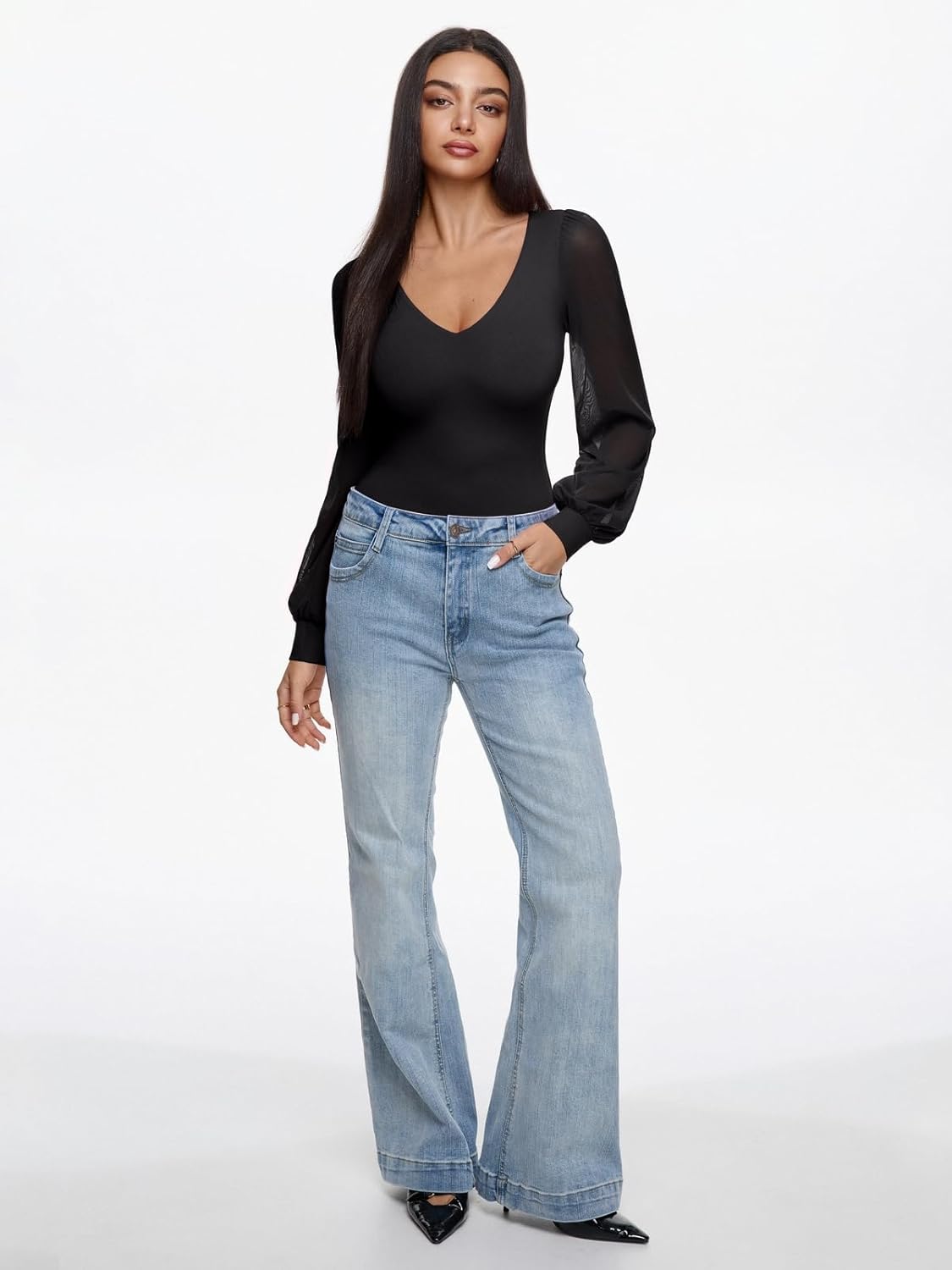 REORIA Womens Mesh Long Sleeve Bodysuit Double Lined V Neck Slimming Body Suits Sexy Cute Going Out Tops Shirts Fall Outfits - Image 6