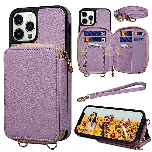 Keallce Case for iPhone 12 Pro/iPhone 12 6.1'' Case Wallet, Crossbody Zipper Purse, RFID Blocking 10 Card Slot Kickstand, Detachable Lanyard & Wristle Flip Folio Cover for iPhone 12/12 Pro, Purple