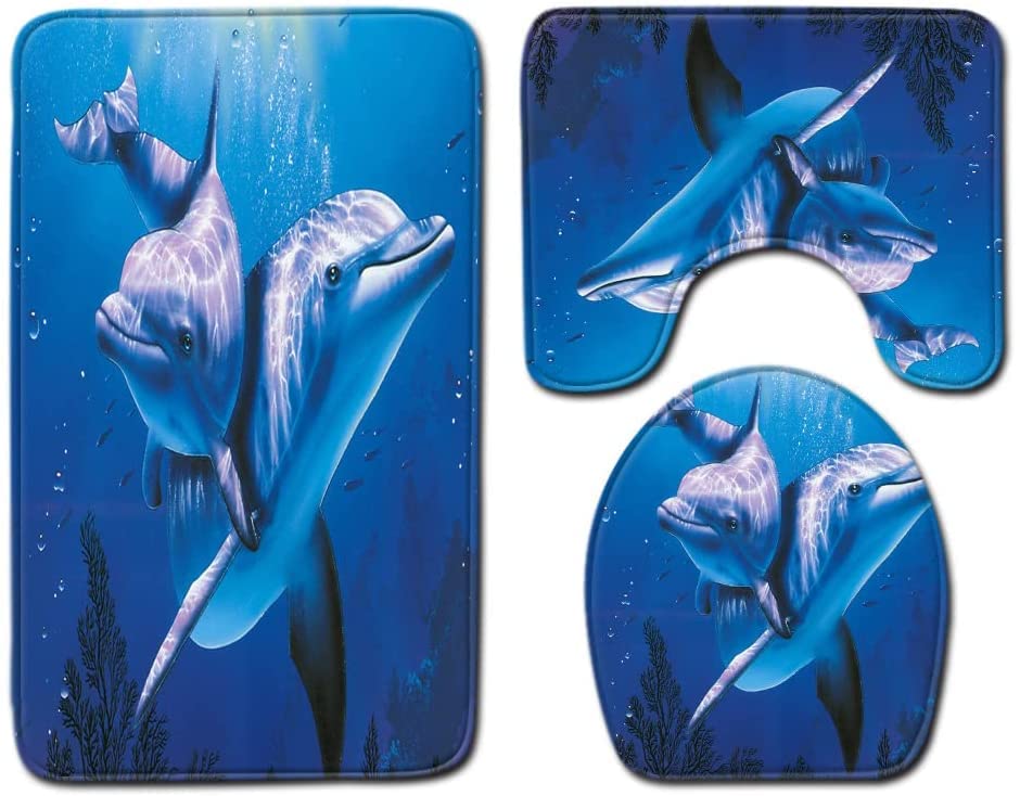 100 yeah Lot de 3 tapis de salle de bain antidérapants avec motif dauphins bleus - 50 x 80 cm