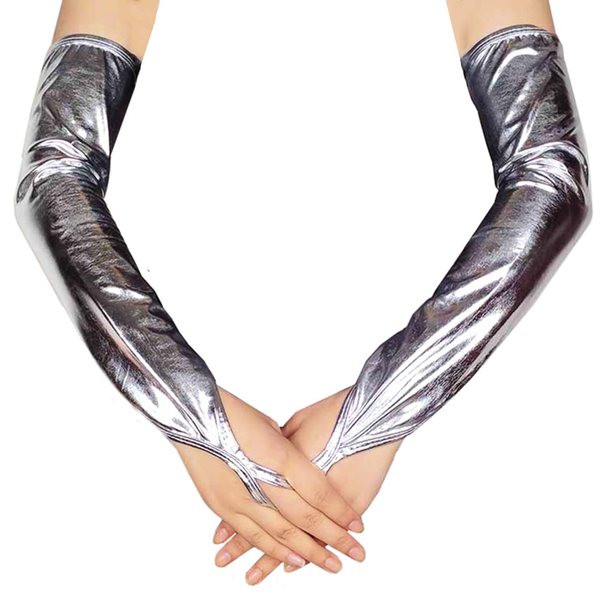 Hybursky Women's Silver Metallic Fingerless Long Gloves, Patent Leather Shiny Elbow Length Opera Gloves For Evening Party Masquerade Rave Stage Performance Cosplay Costume Night Club Dancewear (Silver)