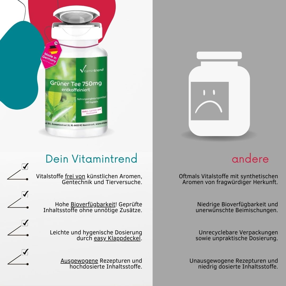 Vitamintrend Grüner Tee Extrakt 750mg, 180 Kapseln, hochdosiert mit 98% Polyphenolen, Nahrungsergänzungsmittel vegan ohne Magnesiumstearat, in Deutschland hergestellt