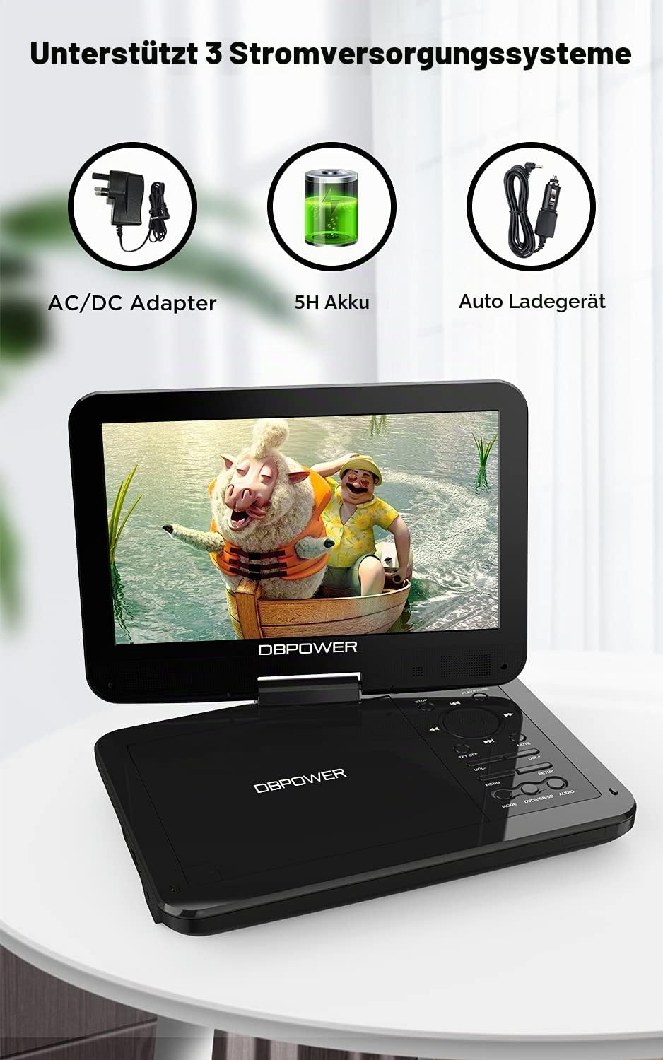 DBPOWER® Tragbarer DVD-Player, 10,5 Zoll, 3 Stunden Wiederaufladbare Batterie, Swivel Screen, SD-Karte und USB, Direct Play in Formats MP4/AVI/RMVB/MP3/JPEG (10,5, Black).