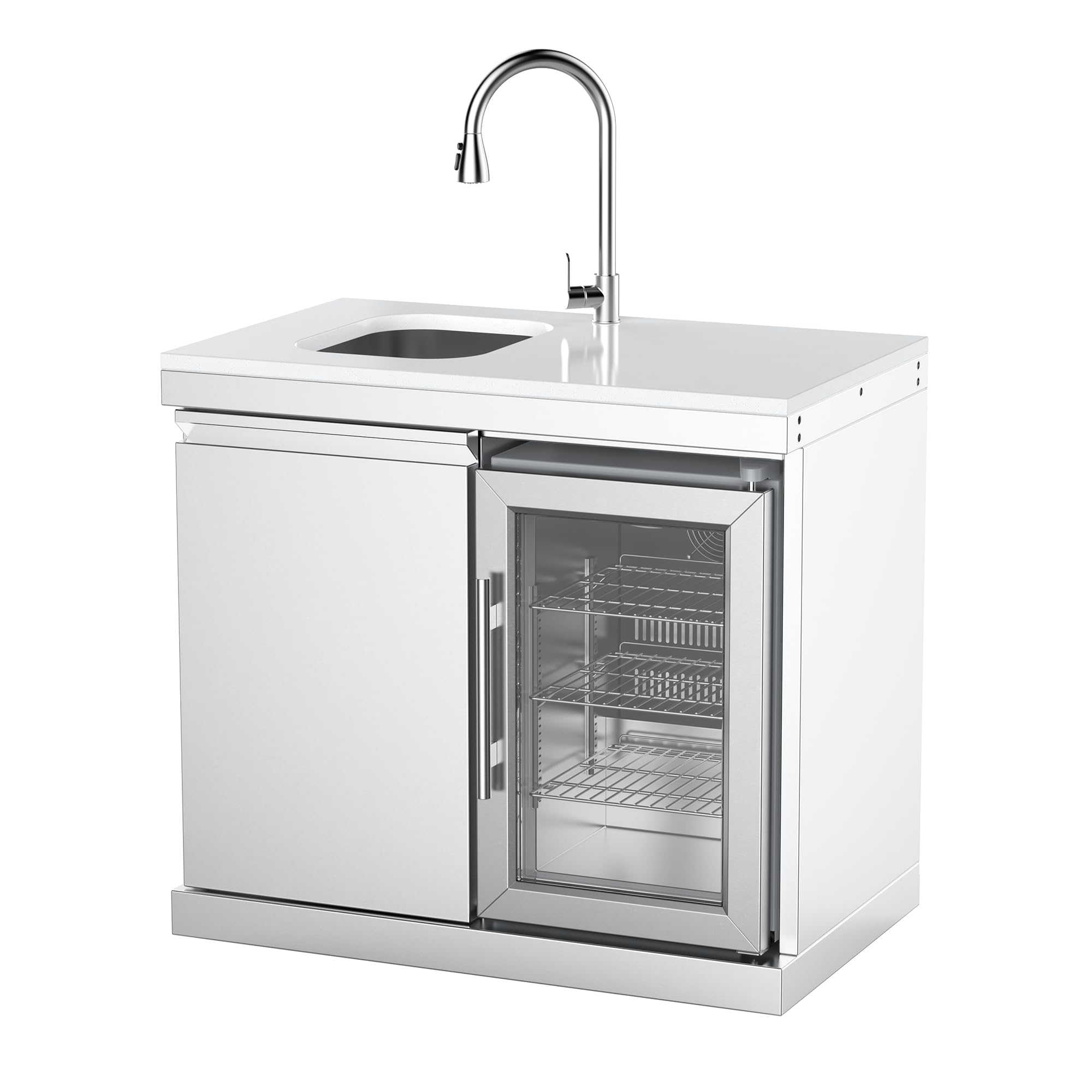 Sink and Fridge Combo for Outdoor Kitchen, 68L Refrigerator and Sink with Pull-Down Faucet, Brushed SS and Granite Countertops, All-in-One BBQ Island Cleaning Station