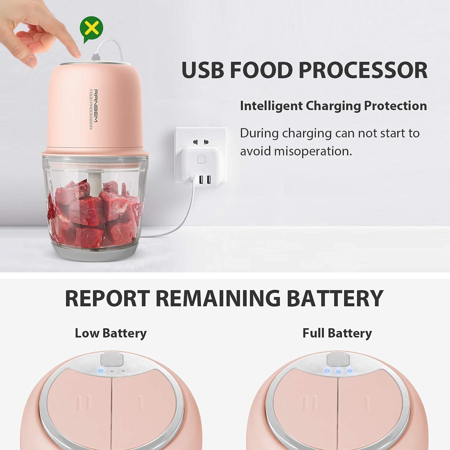 RANBEM Mini Food Processor Chopper Electric with 2.5Cup Glass Bowl Cordless for Vegetables, Onion, Garlic, Salsa, Meat, Baby Food, Puree 2 Speed, Pink…