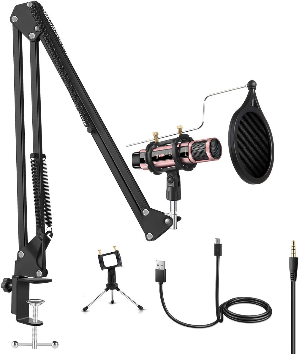 ZealSound Microphone Bundle, Condenser USB Microphone Kit for Phone PC Mac Laptop w/Boom Arm Desk Tripod Stand, Shock Mount, Pop Filter for Recording, Podcasts, Streaming, YouTube ASMR Rose Gold