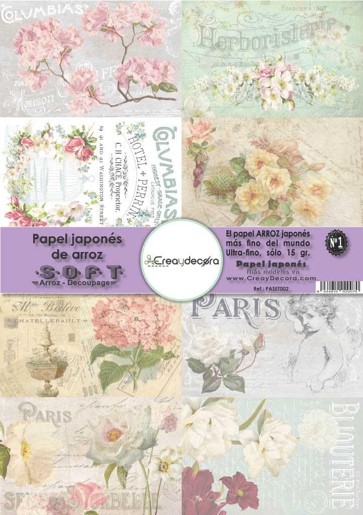 Papel de arroz para decoupage A3 floral vintage de 15g pack de 8