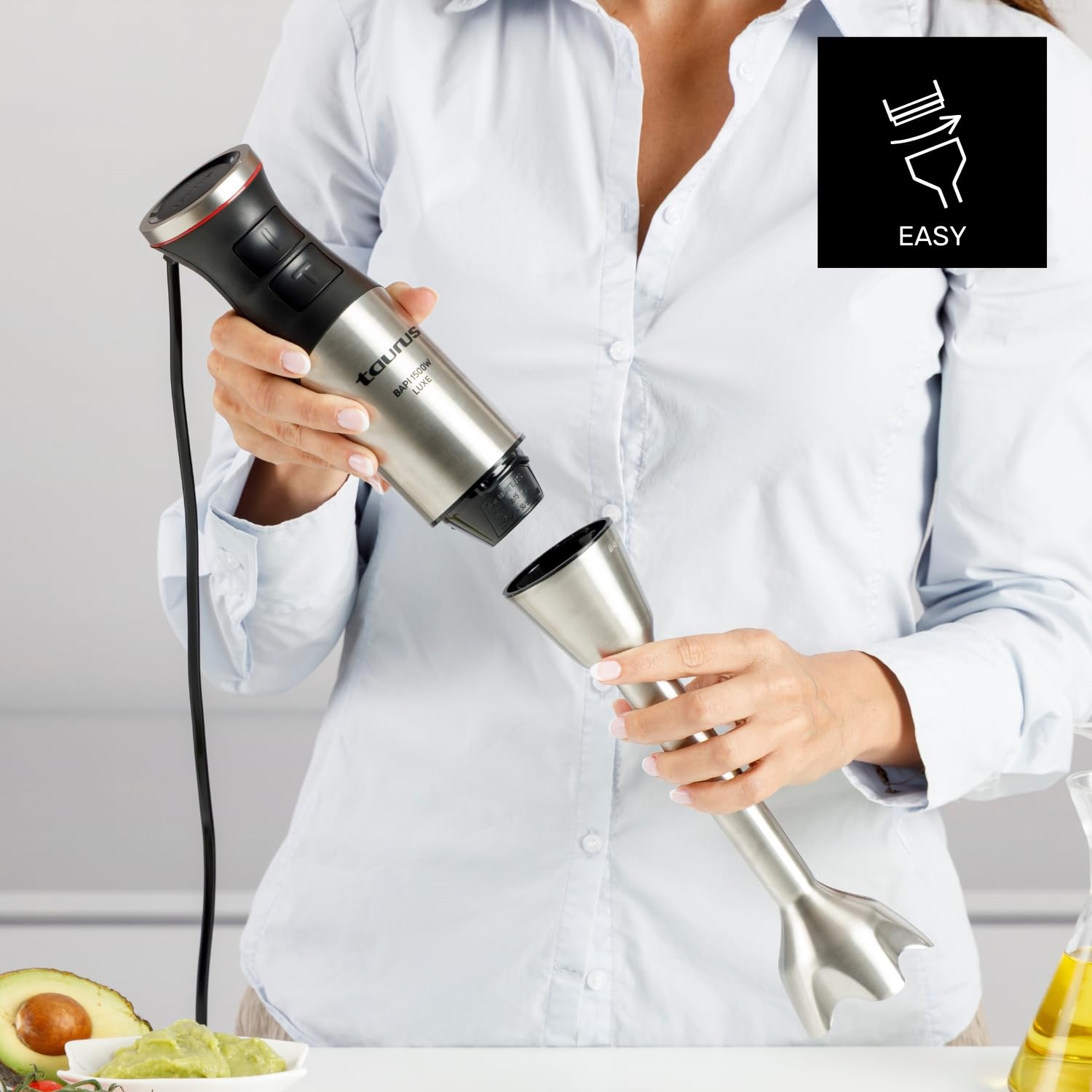 Taurus blender ręczny 1500 W, 20 stopni prędkości + Turbo, ostrza ze stali nierdzewnej, zegary zapobiegające rozpryskiwaniu, ergonomiczny, nie zawiera BPA, nadaje się do mycia w zmywarce, kruszarka do