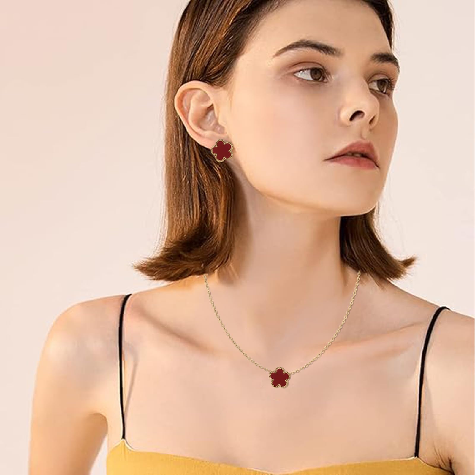 3 PCS Conjunto de Joyas para Mujer con Trébol de Cuatro Hojas, 18K Oro Plateado Acero Inoxidable Trébol de Cuatro Colgante Collar Pendientes Pulsera ,Collar de la Suerte Antialérgica para Mujer Niña
