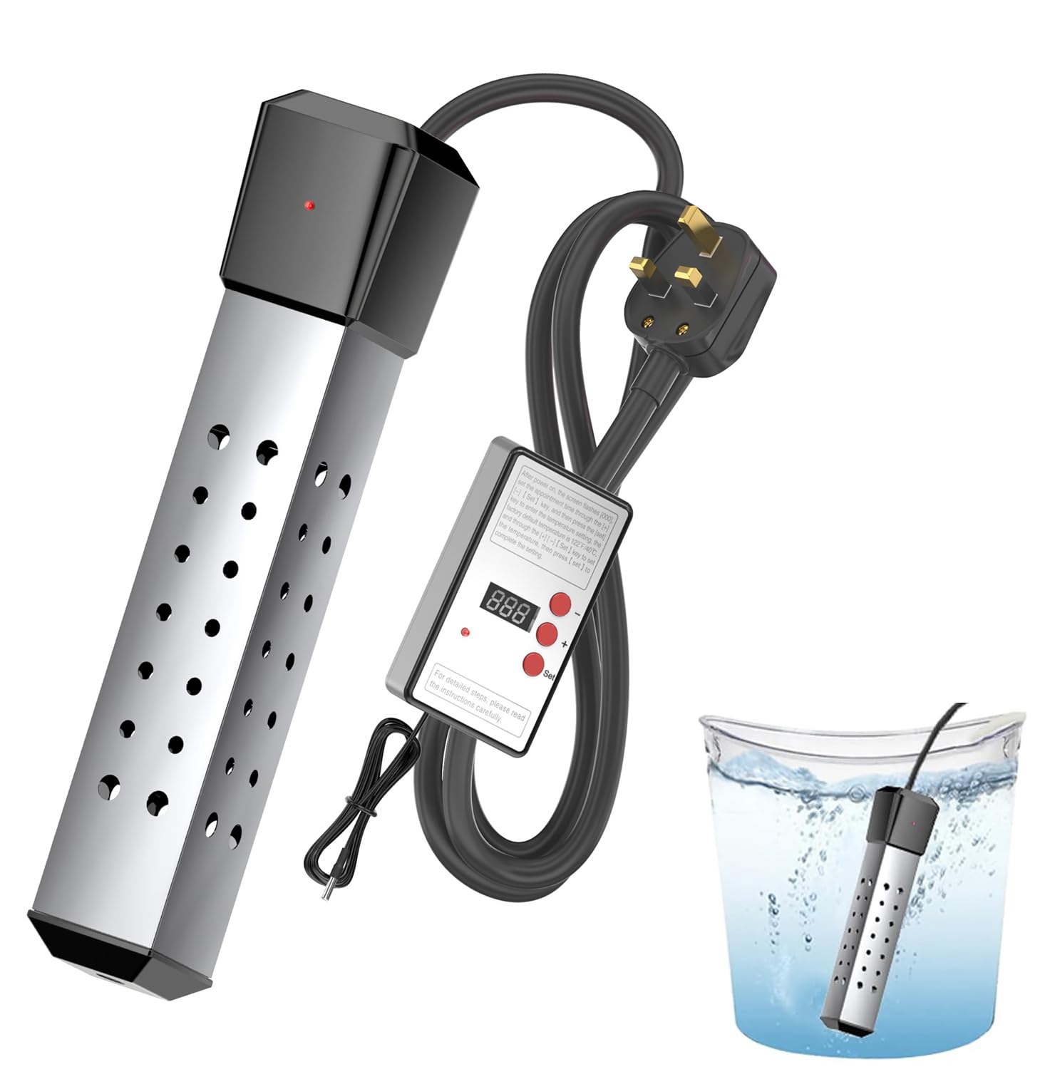 Azonee Immersion Water Heater, Immersion Water Heater with Temperature Control, 2000W Thermostat Portable Water Heater, Submersible Bucket Water Heater with Stainless Steel Guard, for Pool, Bathtub