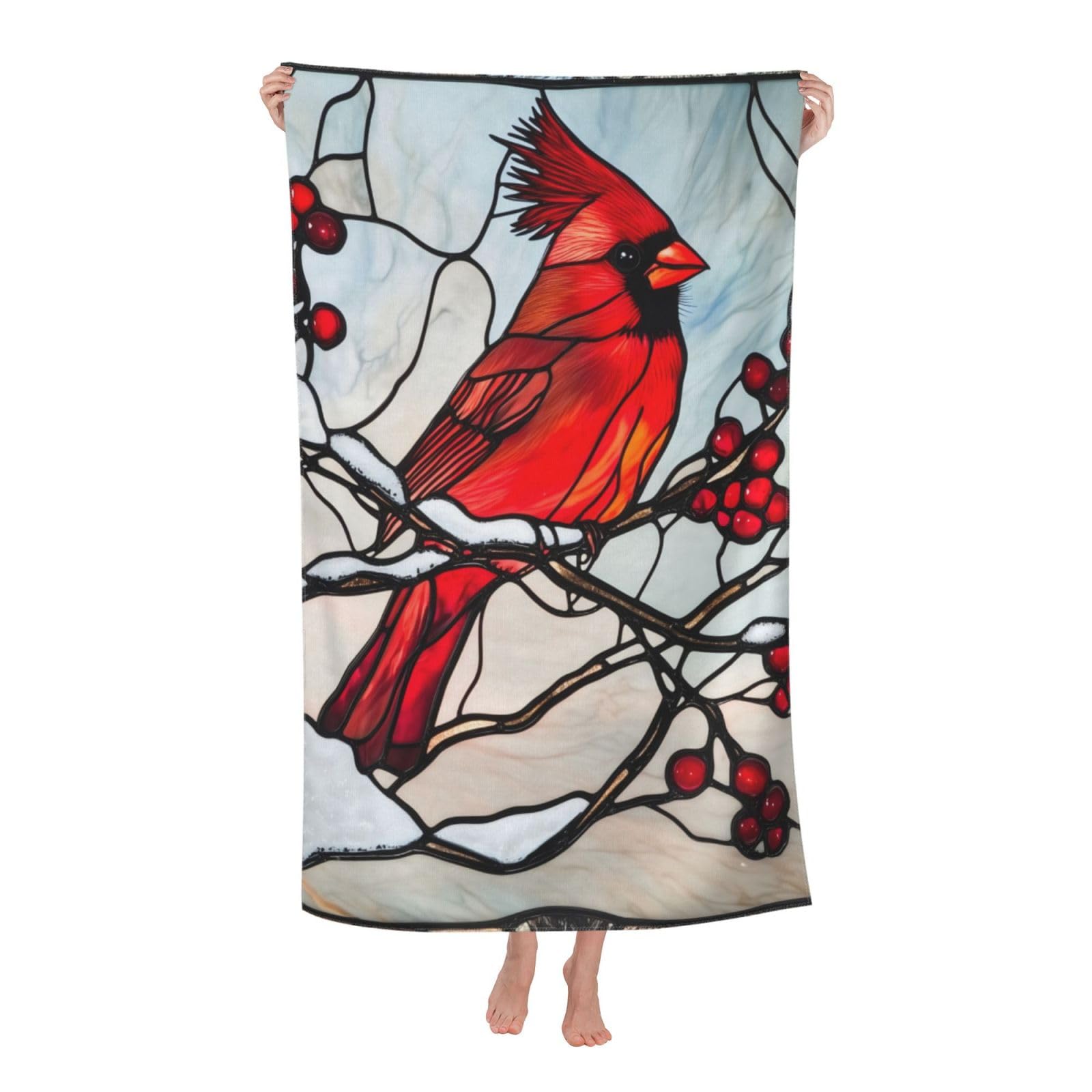 HLBSDM Stained Glass Cardinal Beach Towel 31inx51in Bird Themed Sand Free Microfiber Bath Towel Ultra Soft Quick Dry Pool Towel Absorbent Towel Lightweight Towel for Swimming Bathroom Decor