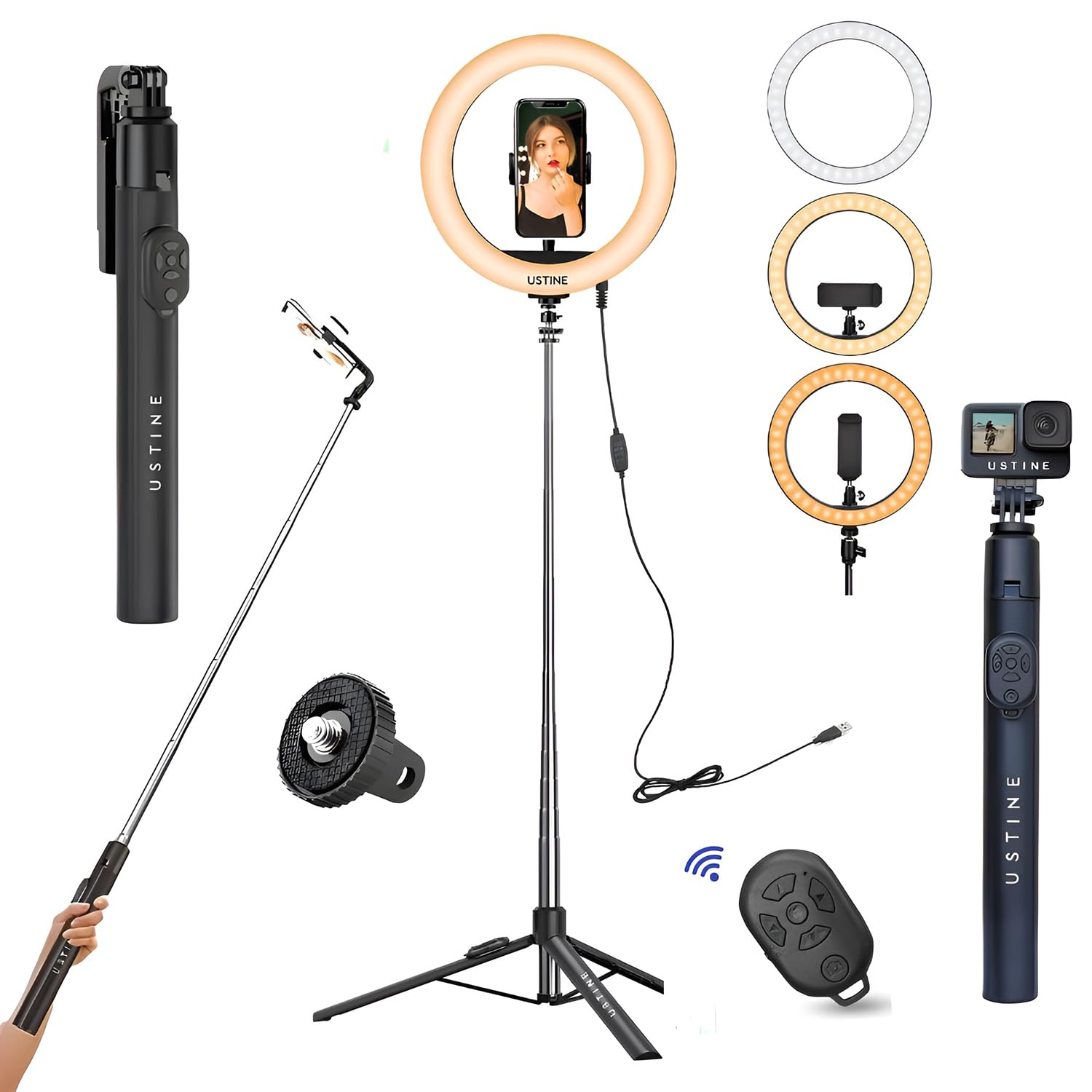 USTINE 10 Inches LED Ring Light for Camera, Phone YouTube Video Shooting and Makeup | 170cm Selfistick Cum Foldable Tripod Stand and Bluetooth Remote (Selfistick Cum Tripod & 10" Ringlight) (B0DG3YRRM2) Amazon Price History, Amazon Price Tracker