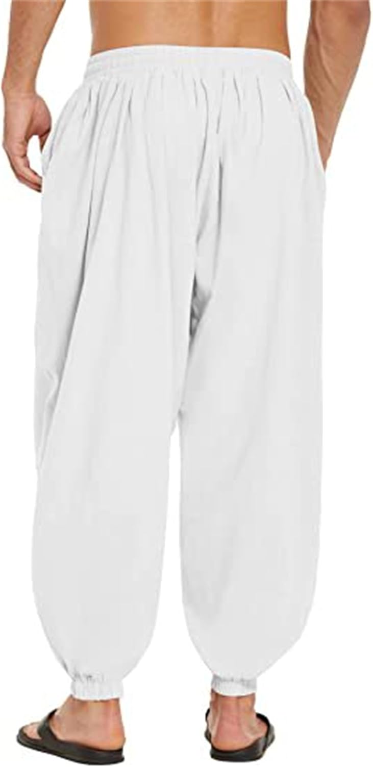 Wankang Men's Cotton Linen Harem Pants Drawstring Casual Bagge Trousers Lightweight Loose Beach Yoga Pants for Men