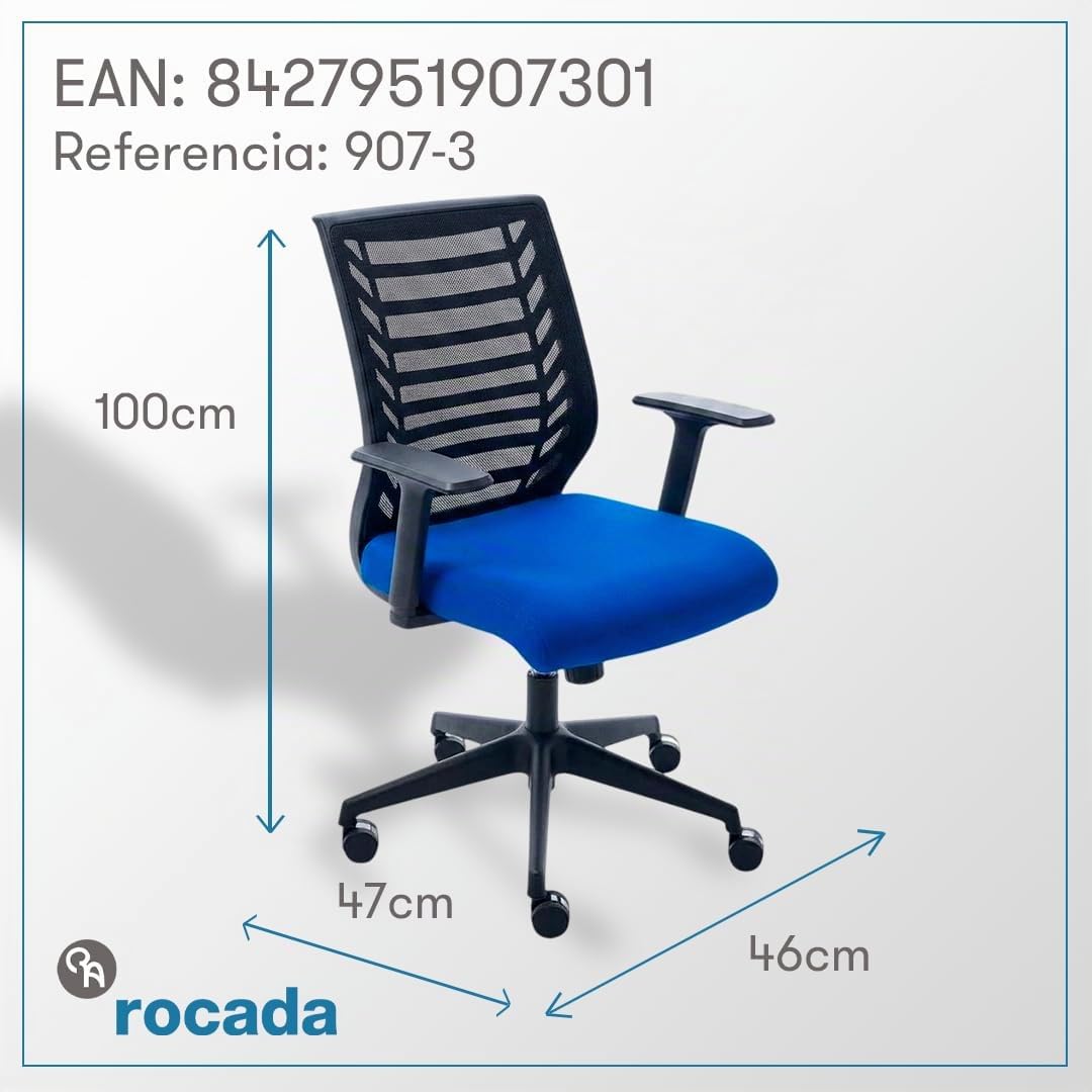 Rocada | Silla de Escritorio Ergonómica - Color Azul - Asiento Tapizado con Espuma Inyectada - Respaldo Técnico - Regulación Funcional para Trabajo Diario y Estudio