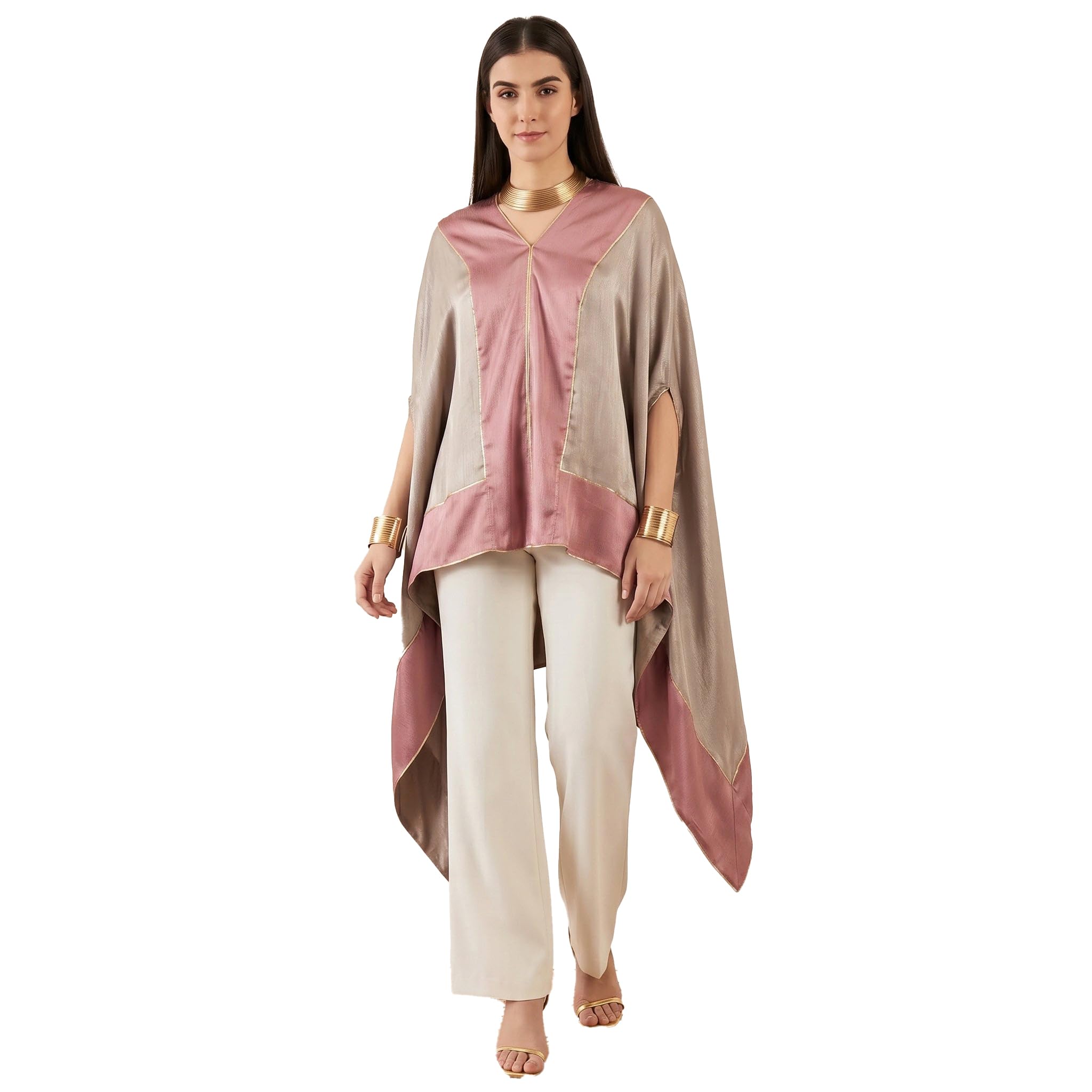 Ecru Satin Asymmetrical Tunic with Dusty Rose Border-image-28