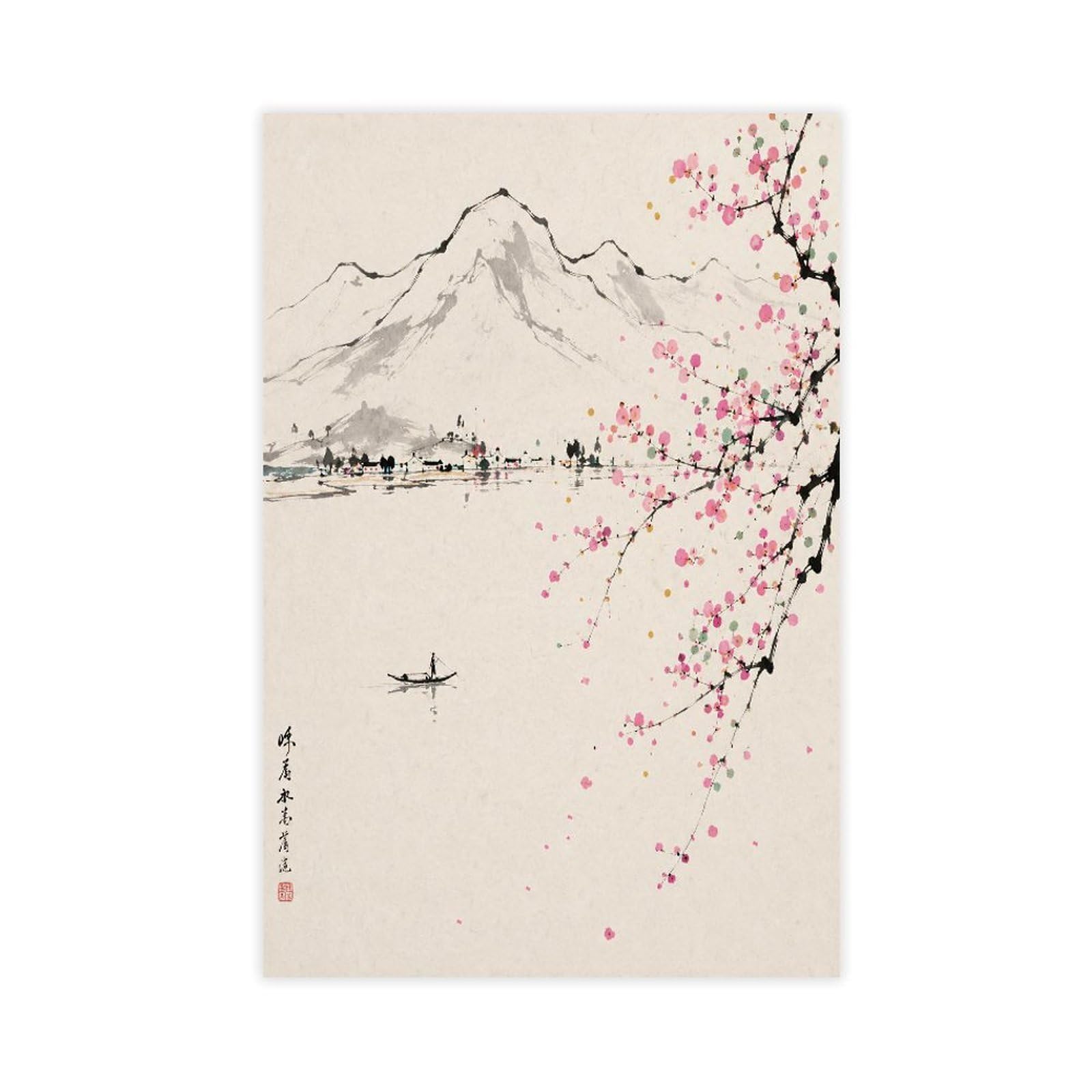 W7c8u2x3 Unframe-Style-14 Mount Fuji Ink Landscape Canvas Wall Art, Cherry Blossom